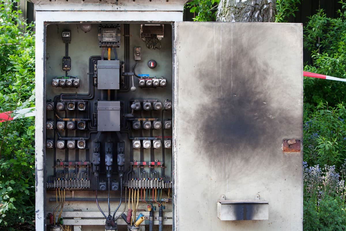 Electrical panel with burn damage from an electrical fault requiring emergency repair.